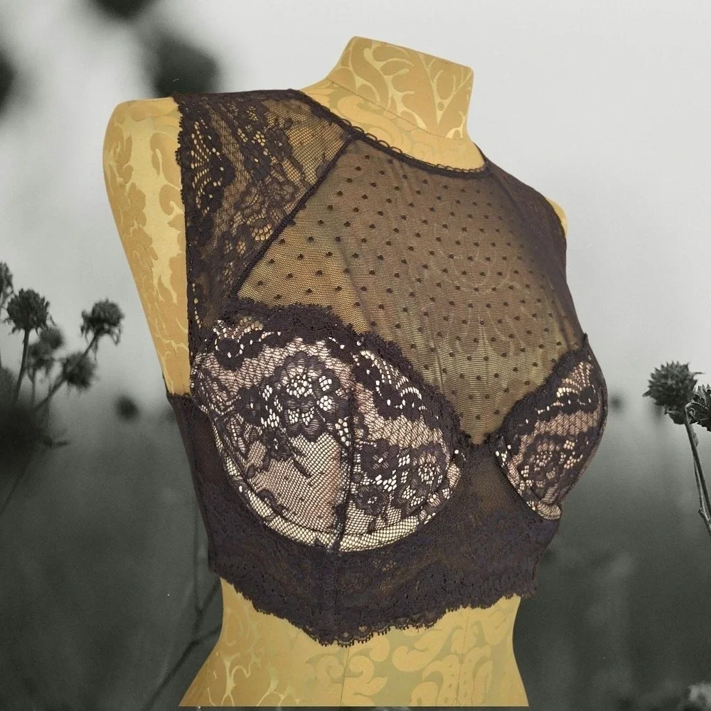 Dobreva Sheer Black Floral Polka-dot Lace Longline Bralette Top WhimsyGoth 32C